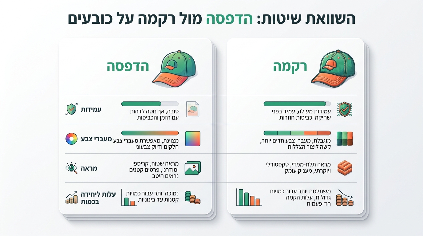 ההבדל בין הדפסה על כובעים לבין רקמה - השוואת שיטות המיתוג