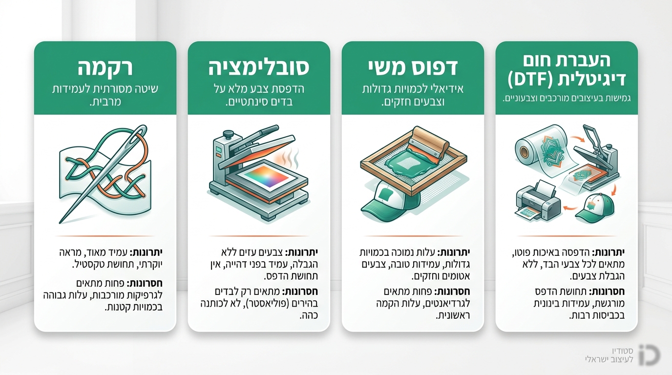 השוואת שיטות הדפסה על כובעים - דפוס משי, סובלימציה, טרנספר דיגיטלי ורקמה