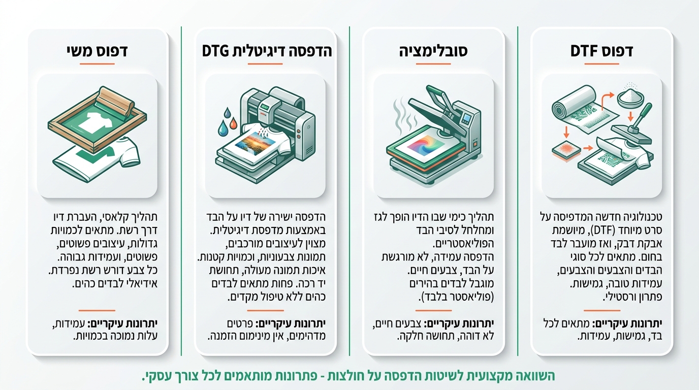 השוואת שיטות הדפסה על חולצות - דפוס משי, DTG, סובלימציה ו-DTF
